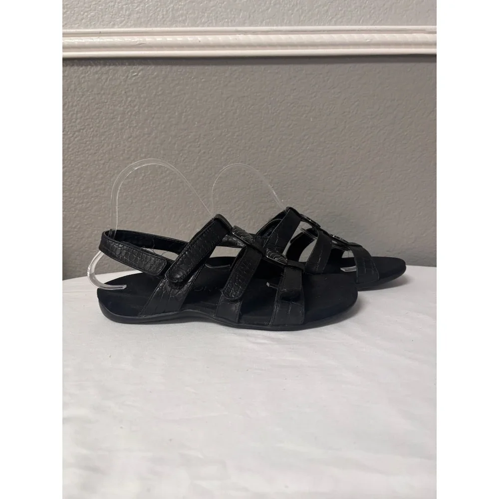 Vionic Womens 7 Amber Sandals Black Croc Embossed Leather Adjustable Orthopedic
